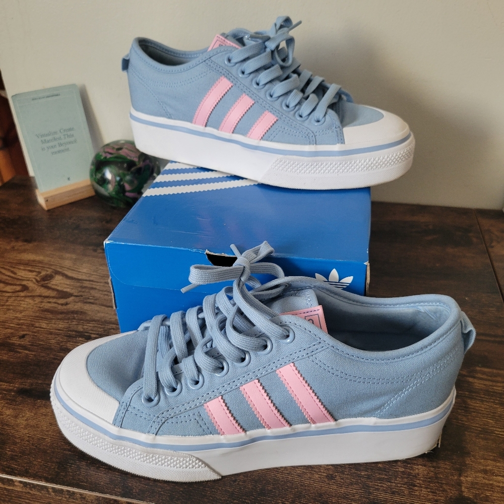 adidas Women's Light Blue Sneakers with Pink Stripes